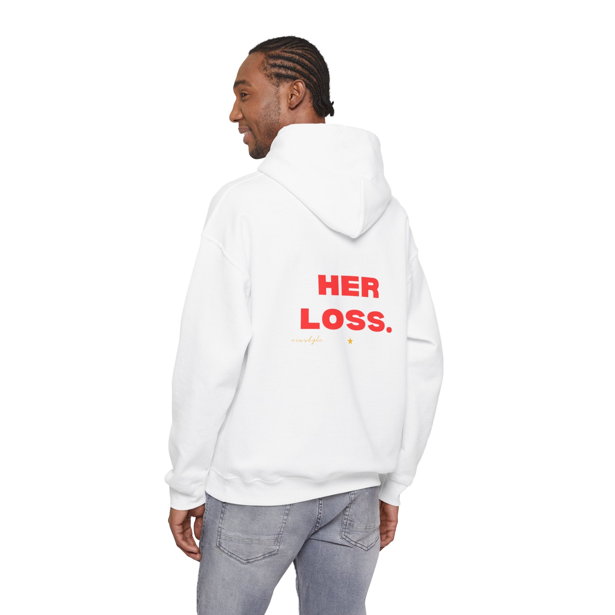 Her Loss Hoodie - Bold Red 'HER LOSS.' Graphic Back Sweatshirt
