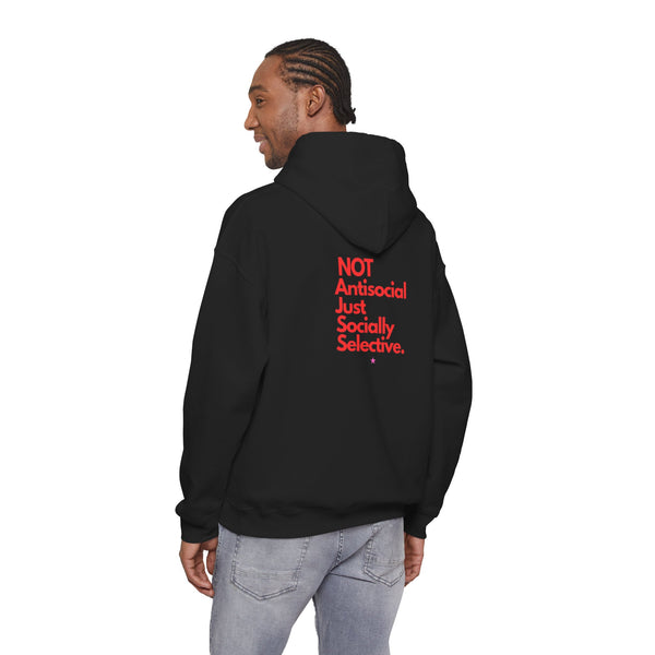 "Unisexual Hoodie" — "Not Antisocial, Just Socially Selective" Bold Back-Print Pullover